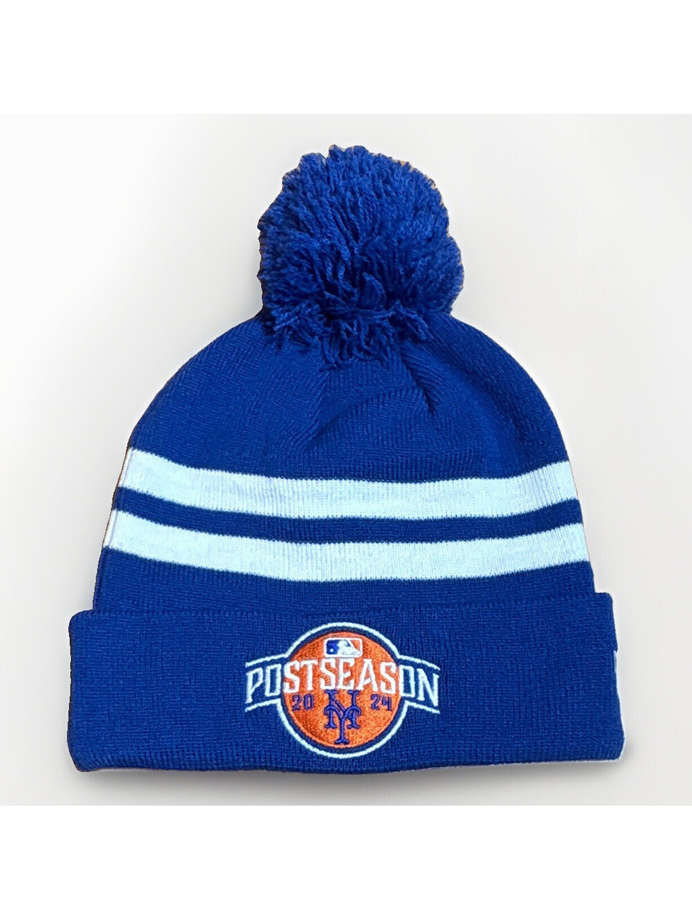 New Era MLB New York Mets Striped Pom Beanie Hat Blue/White/Orange OSFM